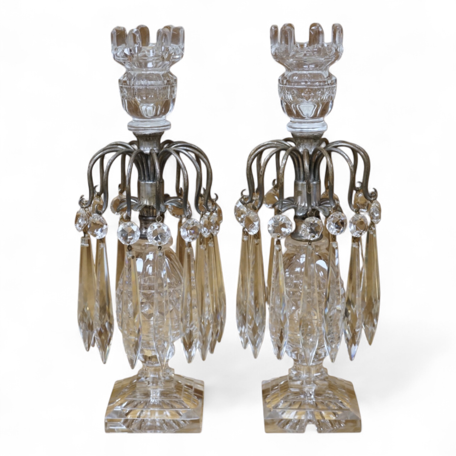 A pair of Victorian cut glass table lustres, probably Berry & Co., in Regency style, converted for electricity, 29cm high